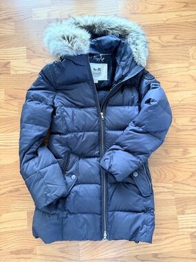 Coach Women's Navy Quilted Puffer Coat with Fur Hood
